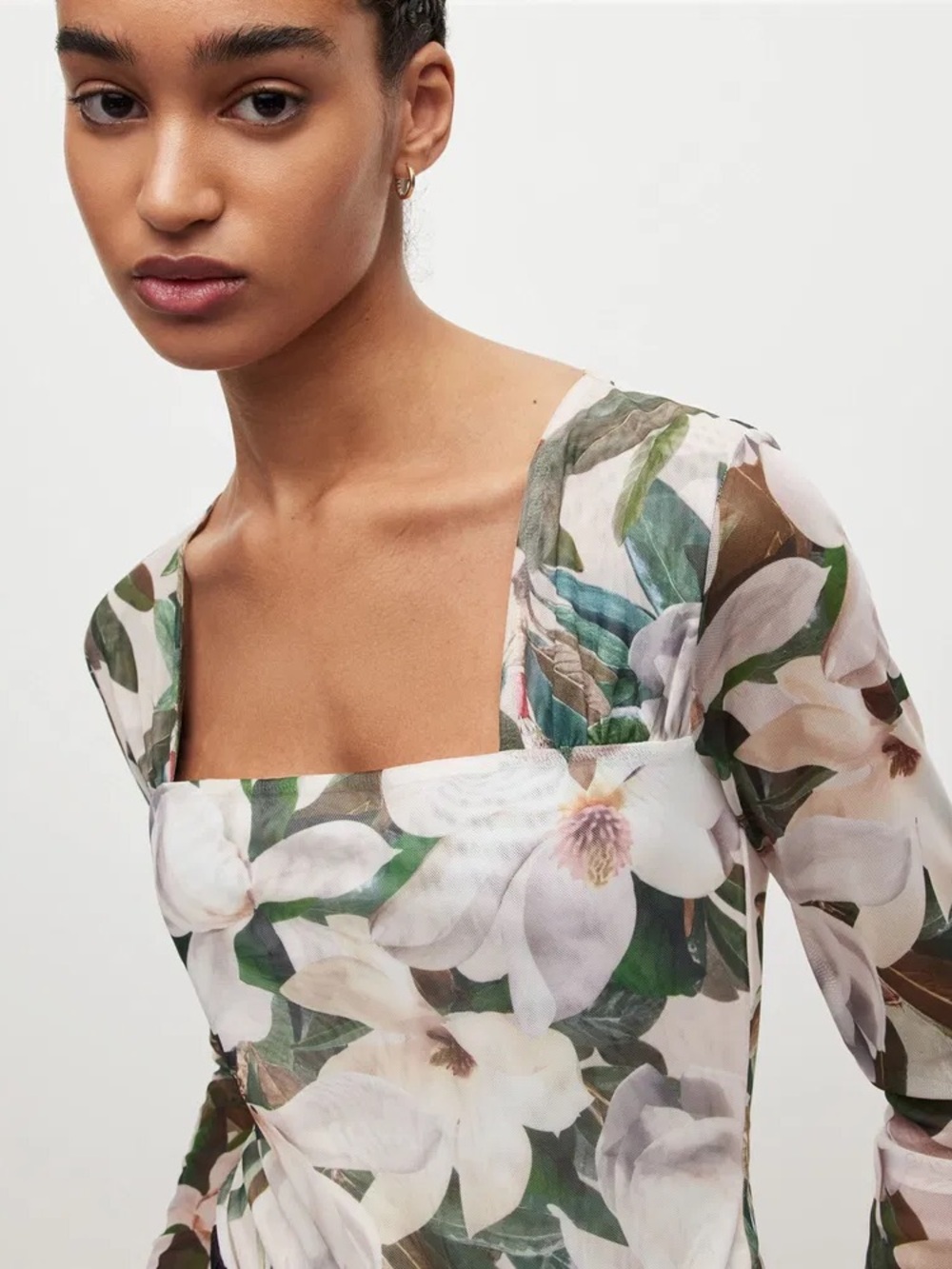 AllSaints Floral Square-Neck Sheer Long-Sleeve Top - White & Green